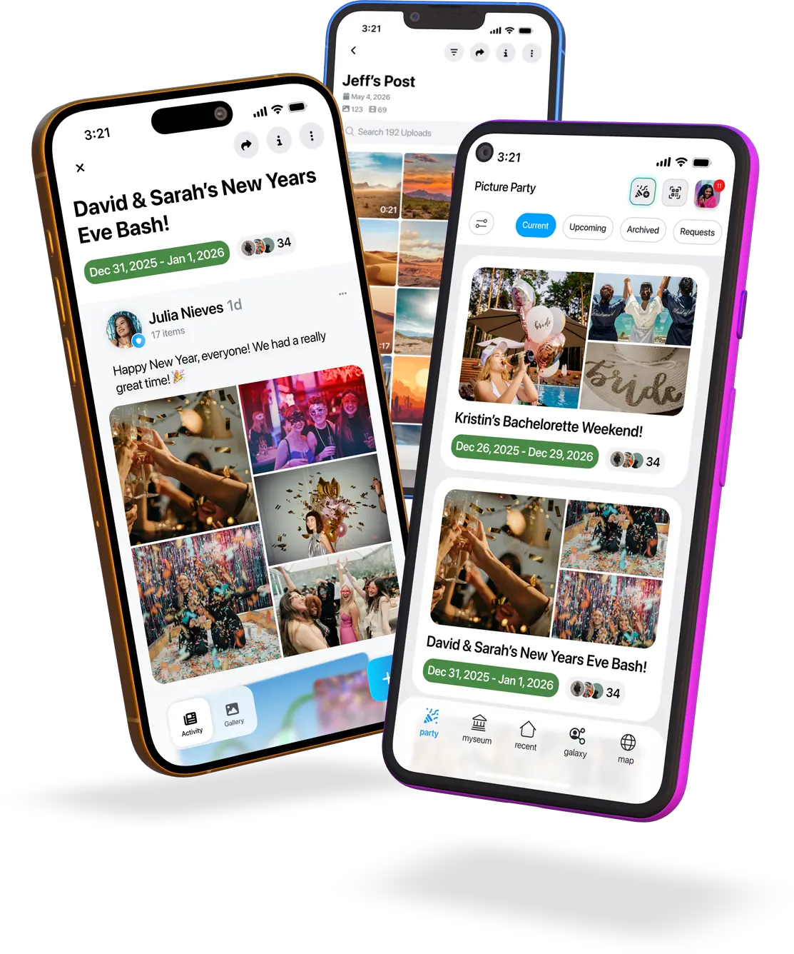 Picture Party on two phones: a New Year's Eve party feed and a bachelorette weekend